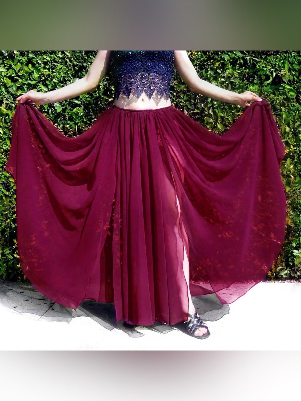 Burgundy Chiffon Skirt 2 slits Ameynra design